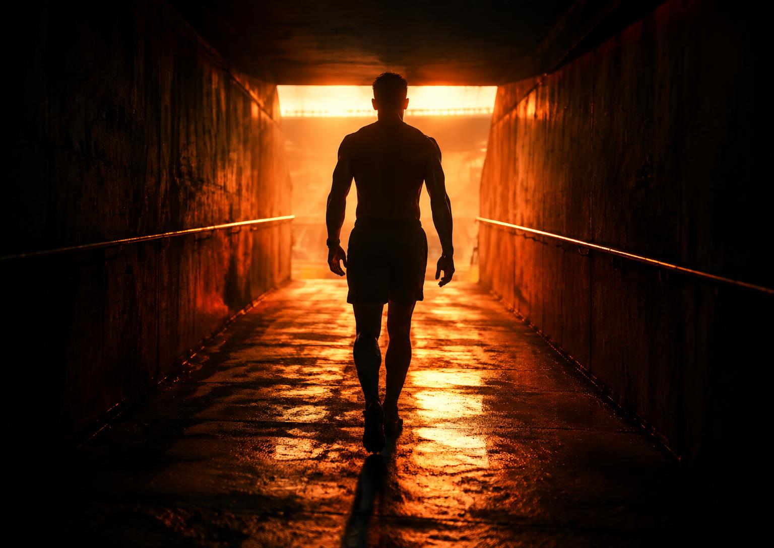 A solitary athlete walking through a dark tunnel toward blinding ember light